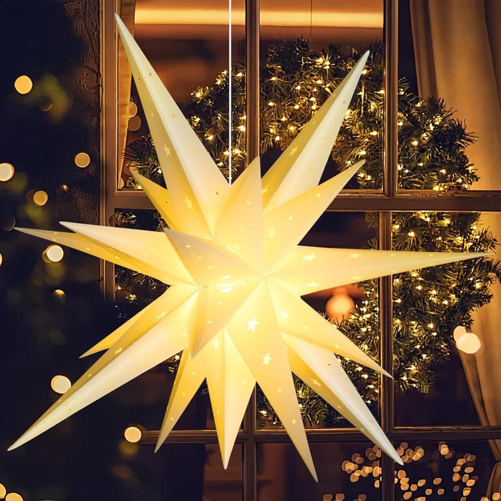 imageSUNBEAUTY 5 Pcs 9Pointed Black Paper Star Lanterns 12 Inch Hanging Lamp Black Paper Funeral Decorations Christmas Birthday Home Holiday Party DecorationsWhite Waterproof