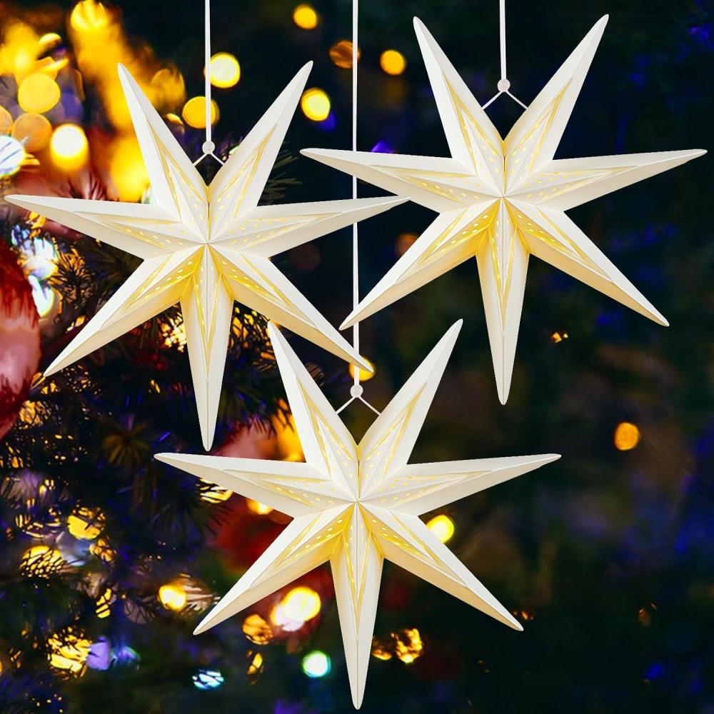 imageSUNBEAUTY 5 Pcs 9Pointed Black Paper Star Lanterns 12 Inch Hanging Lamp Black Paper Funeral Decorations Christmas Birthday Home Holiday Party DecorationsWhite Hollow