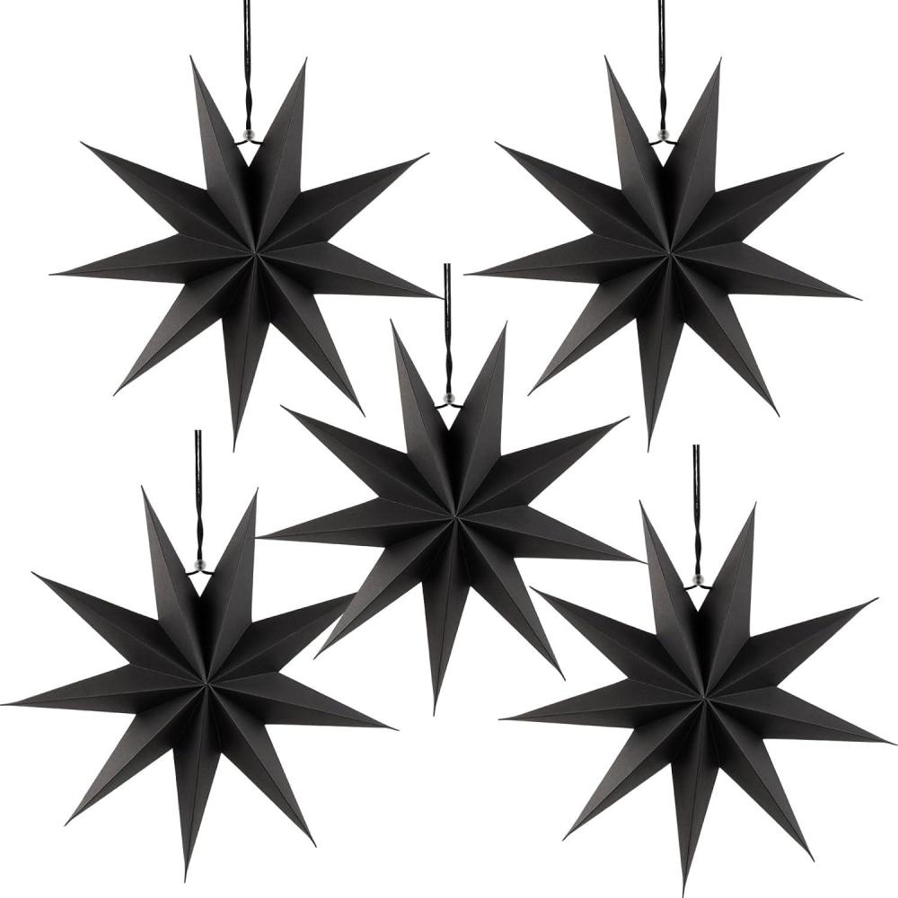 imageSUNBEAUTY 5 Pcs 9Pointed Black Paper Star Lanterns 12 Inch Hanging Lamp Black Paper Funeral Decorations Christmas Birthday Home Holiday Party DecorationsBlack