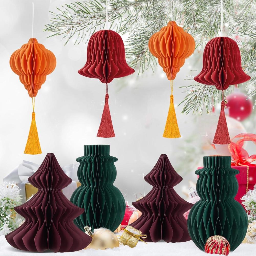 imageSUNBEAUTY 8 PCS Christmas Party Decorations Hanging Honeycomb Decorations with Tassels Snowman Christmas Tree Lantern Bell Hanging Ornaments for Christmas Tree Dcor New Years Party Home Decor