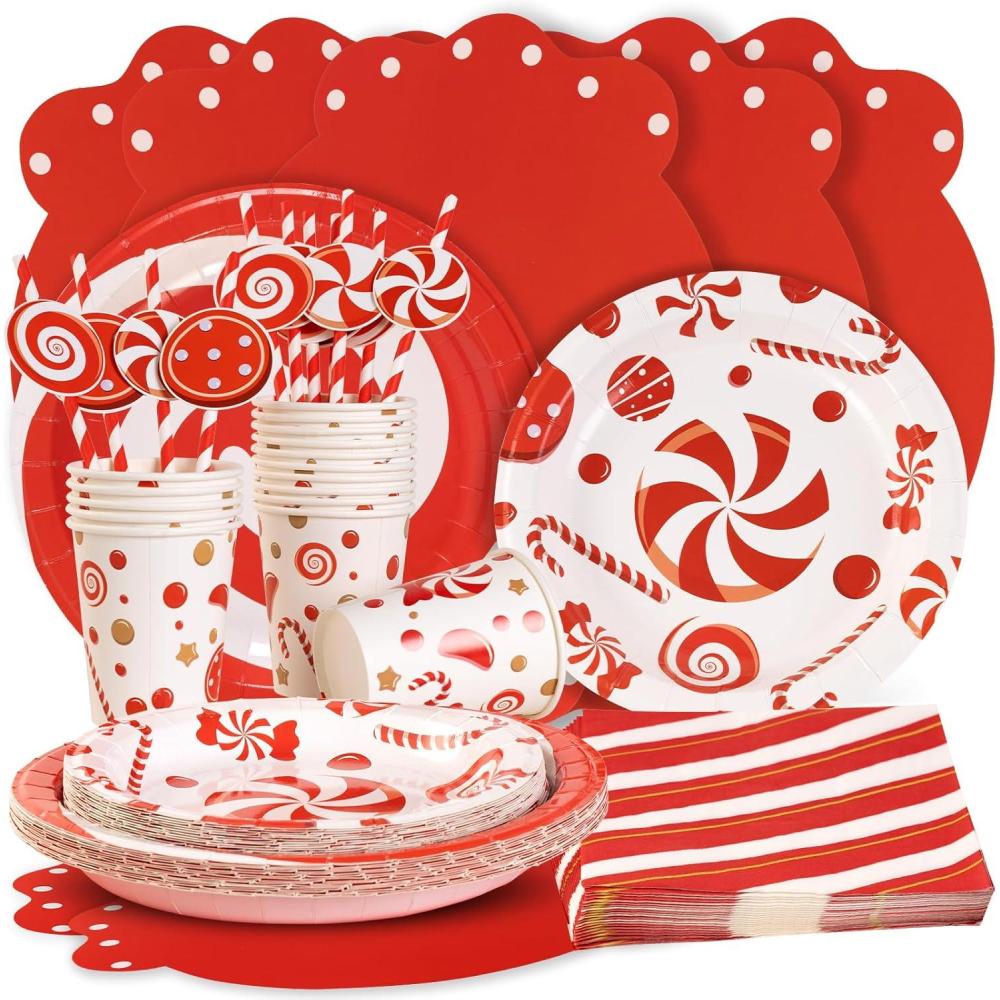 imageSUNBEAUTY 96 Pcs Christmas Candy Cane Party Plates and Napkins Party Supplies Christmas Party Tableware Set Red and White Xmas Decorations Candy Cane Xmas Decorations Serves 16 Guests