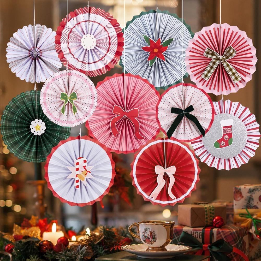 imageSUNBEAUTY Christmas Hanging Paper Fans Decoration Candy Peppermint Paper Christmas Decoration Candy Party Classroom Decor White and Red Xmas Ceiling Birthday Party Bulletin Board Office DecorBow Christmas Paper Fans