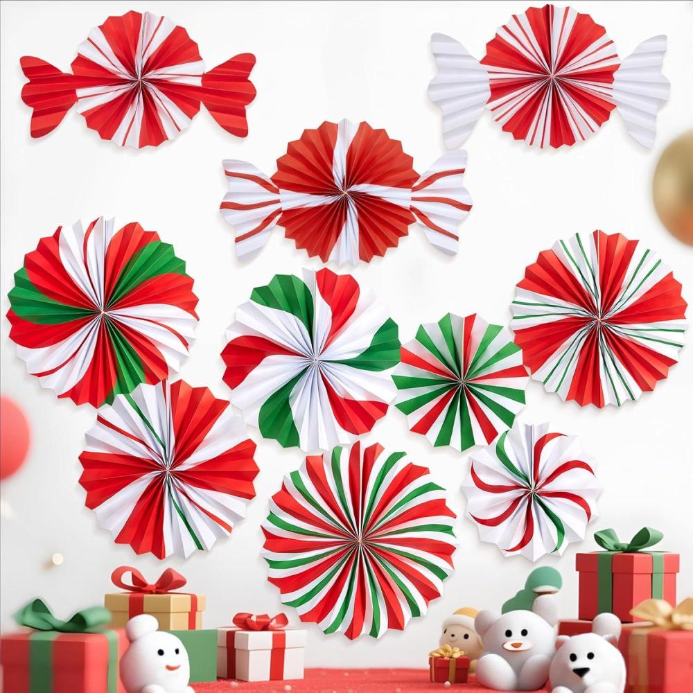 imageSUNBEAUTY Christmas Hanging Paper Fans Decoration Candy Peppermint Paper Christmas Decoration Candy Party Classroom Decor White and Red Xmas Ceiling Birthday Party Bulletin Board Office DecorChristmas Candy