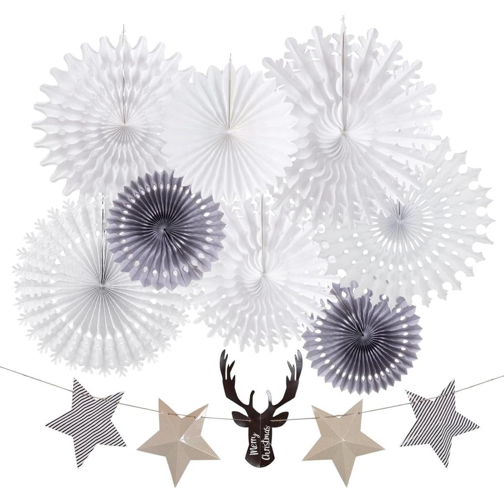 imageSUNBEAUTY Christmas Hanging Paper Fans Decoration Candy Peppermint Paper Christmas Decoration Candy Party Classroom Decor White and Red Xmas Ceiling Birthday Party Bulletin Board Office DecorWhite Paper Snowflak