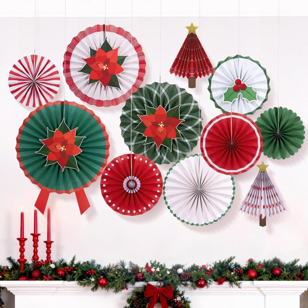 imageSUNBEAUTY Christmas Hanging Paper Fans Decoration Candy Peppermint Paper Christmas Decoration Candy Party Classroom Decor White and Red Xmas Ceiling Birthday Party Bulletin Board Office DecorChristmas Trees Red Poinsettia Paper Fans