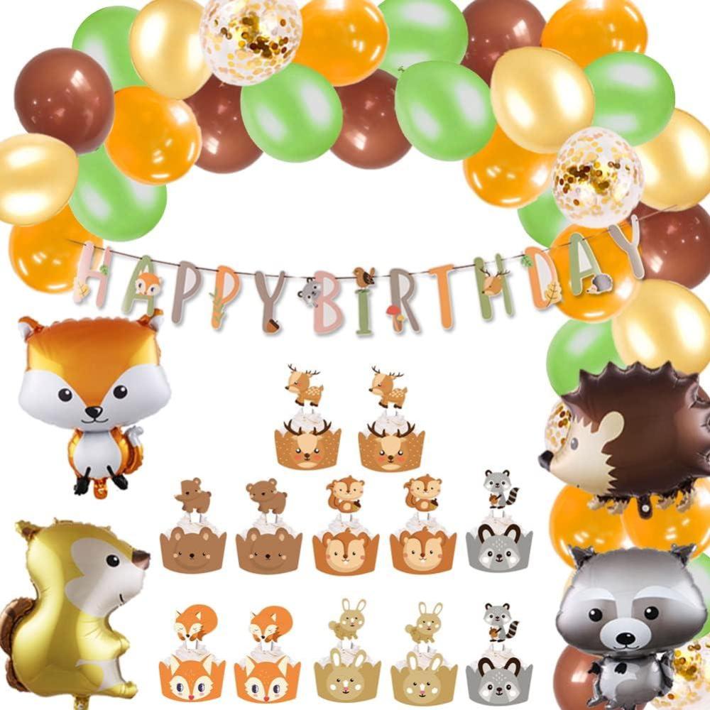 imageSUNBEAUTY Woodland Animals Balloon Garland Kit Happy Birthday Banner Hedgehog Squirrel Fox Raccoon Animal Balloon Arch for Woodland Baby Shower Party Boys Girls Birthday Decorations