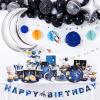 SUNBEAUTY Space Birthday Decorations, 88 Pcs Outer Space Party Supplies Galaxy Planet Happy Birthday Banner, Cake Toppers, Cupcake Wrappers, Paper Cups, Plates, Straws for Boys Kids