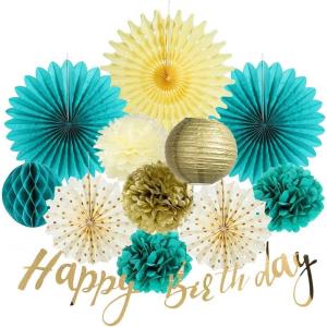 SUNBEAUTY 10 Pcs Brown Party Decorations Rustic Paper Natural Birthday Party Decorations Hanging Lanterns Tissue Paper Pom Poms Cream Folding Fans Kit for Girl Women(Blue Green Gold)