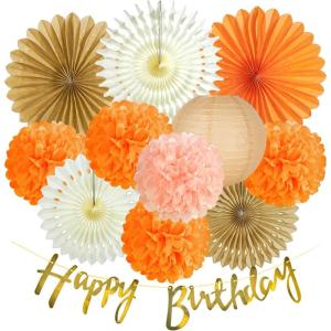 SUNBEAUTY 10 Pcs Brown Party Decorations Rustic Paper Natural Birthday Party Decorations Hanging Lanterns Tissue Paper Pom Poms Cream Folding Fans Kit for Girl Women(Light orange)