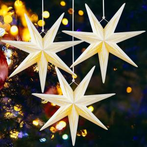 SUNBEAUTY 5 Pcs 9-Pointed Black Paper Star Lanterns 12 Inch Hanging Lamp Black Paper Funeral Decorations Christmas Birthday Home Holiday Party Decorations(White Hollow)