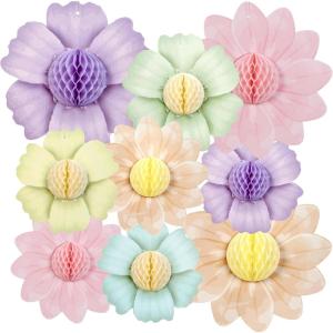 SUNBEAUTY 9 PCS Pastel Rainbow Party Decorations 10 Inch Giant Paper Flowers 3D Honeycomb for Party Pastel Hanging Flower Decorations for Girls Wall Birthday Wedding Backdrop Bridal Shower Classroom(Floral)