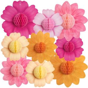 SUNBEAUTY 9 PCS Pastel Rainbow Party Decorations 10 Inch Giant Paper Flowers 3D Honeycomb for Party Pastel Hanging Flower Decorations for Girls Wall Birthday Wedding Backdrop Bridal Shower Classroom(Pink Orange)