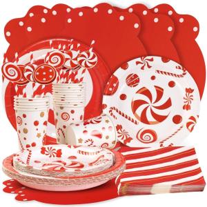 SUNBEAUTY 96 Pcs Christmas Candy Cane Party Plates and Napkins Party Supplies Christmas Party Tableware Set Red and White Xmas Decorations Candy Cane Xmas Decorations Serves 16 Guests