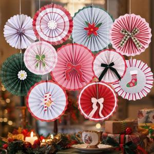 SUNBEAUTY Christmas Hanging Paper Fans Decoration Candy Peppermint Paper Christmas Decoration Candy Party Classroom Decor White and Red Xmas Ceiling Birthday Party Bulletin Board Office Decor(Bow Christmas Paper Fans)