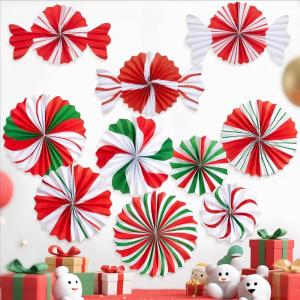SUNBEAUTY Christmas Hanging Paper Fans Decoration Candy Peppermint Paper Christmas Decoration Candy Party Classroom Decor White and Red Xmas Ceiling Birthday Party Bulletin Board Office Decor(Christmas Candy)