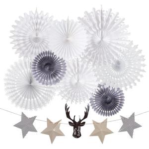 SUNBEAUTY Christmas Hanging Paper Fans Decoration Candy Peppermint Paper Christmas Decoration Candy Party Classroom Decor White and Red Xmas Ceiling Birthday Party Bulletin Board Office Decor(White Paper Snowflak)