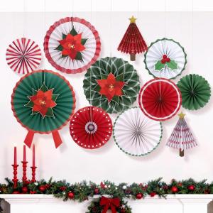 SUNBEAUTY Christmas Hanging Paper Fans Decoration Candy Peppermint Paper Christmas Decoration Candy Party Classroom Decor White and Red Xmas Ceiling Birthday Party Bulletin Board Office Decor(Red)