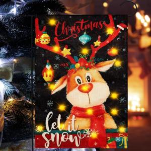SUNBEAUTY Lighted Winter Elk Deer Garden Flag – 12.5×18 Double-Sided for Outdoor Yard Lawn Decoration (No Flagpole)(Elk Deer)