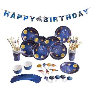 SUNBEAUTY Space Birthday Decorations, 88 Pcs Outer Space Party Supplies Galaxy Planet Happy Birthday Banner, Cake Toppers, Cupcake Wrappers, Paper Cups, Plates, Straws for Boys Kids