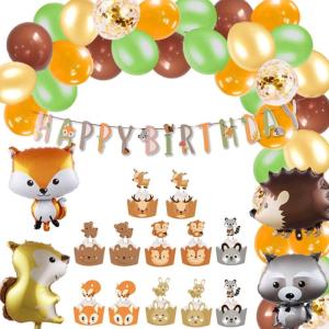 SUNBEAUTY Woodland Animals Balloon Garland Kit Happy Birthday Banner Hedgehog Squirrel Fox Raccoon Animal Balloon Arch for Woodland Baby Shower Party Boys Girls Birthday Decorations