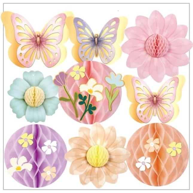 image:imageSpring Garden Party Decorations Set Pastel Paper Butterflies and Flowers Honeycomb Center Design Pink Yellow Purple Mint Wall Decor