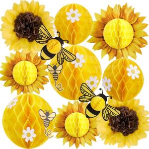 SUNBEAUTY Sunflower Party Decorations 3D Bee Honeycomb Hanging Decor Yellow Tissue Paper Flowers Birthday Yellow Sunflower Ceiling for Classroom Bulletin Board Wall Baby Shower Summer Garden Party