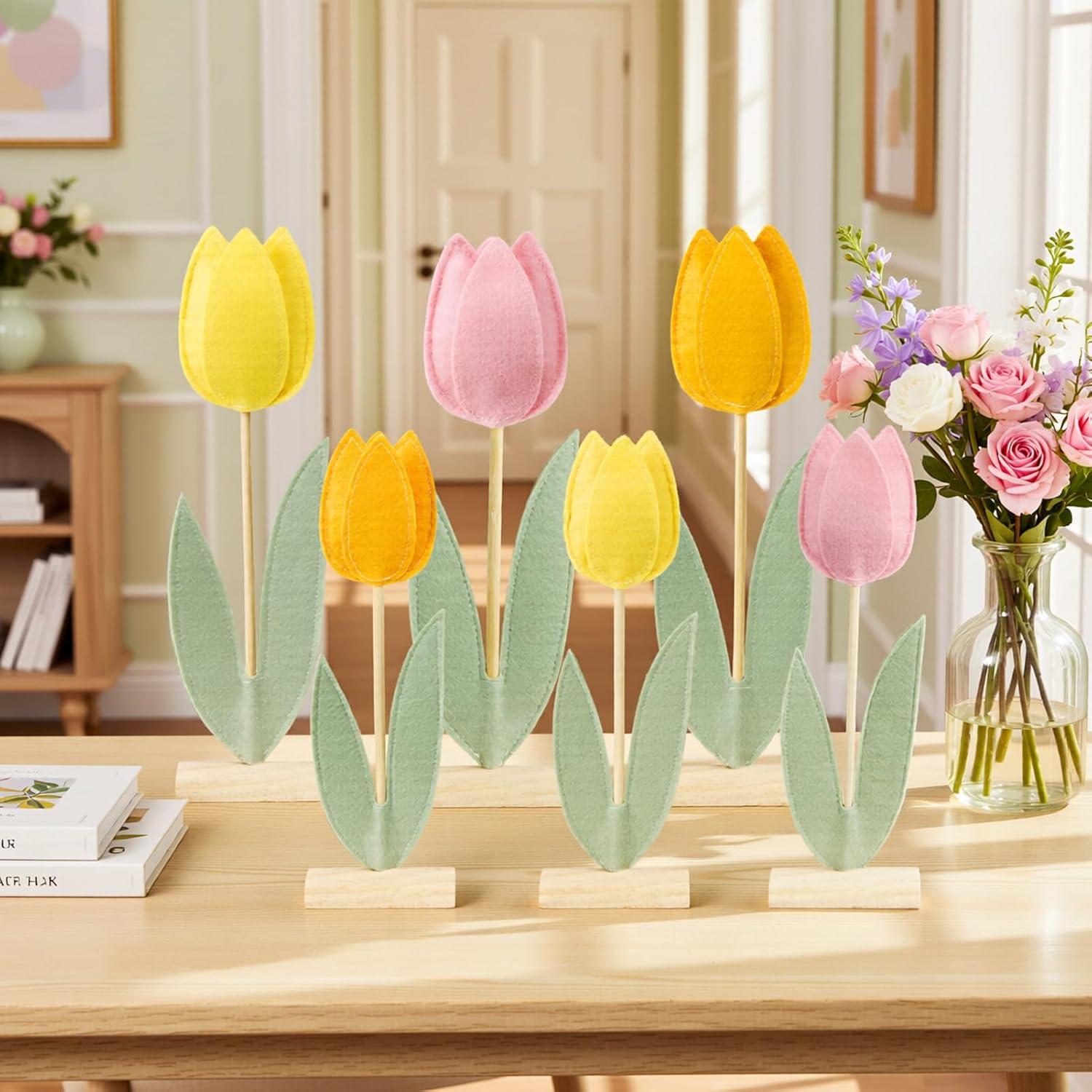 image:imageSUNBEAUTY 6Pcs Spring Tulips Flower Table Decoration Retro Tulip Felt Centerpiece Pink Yellow Orange Tulips Floral Tabletop Signs for Home Mothers Day Easter Garden Birthday Baby Shower Party DecorPink orange yellow Tulip