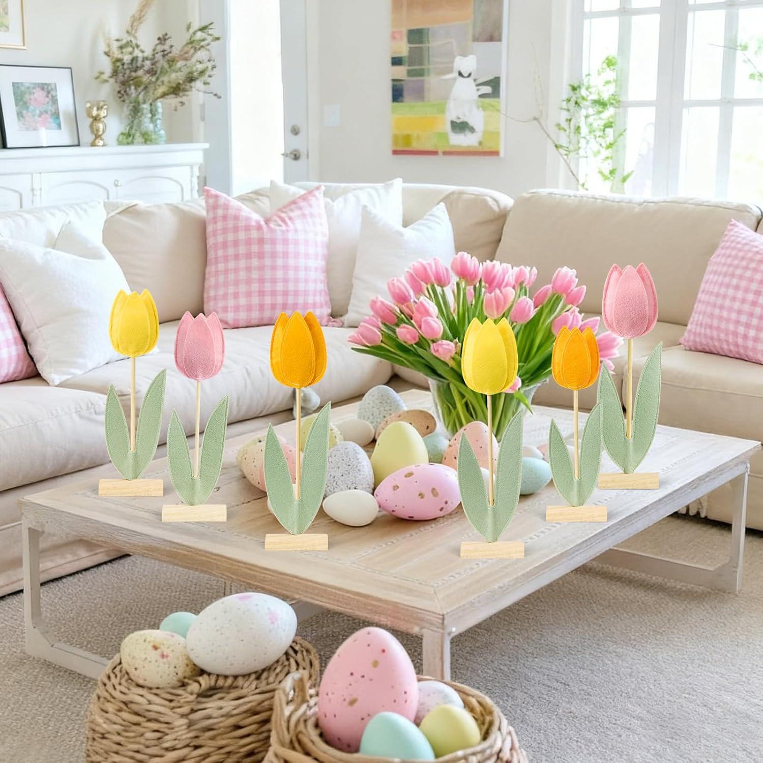 image:imageSUNBEAUTY 6Pcs Spring Tulips Flower Table Decoration Retro Tulip Felt Centerpiece Pink Yellow Orange Tulips Floral Tabletop Signs for Home Mothers Day Easter Garden Birthday Baby Shower Party DecorPink orange yellow Tulip