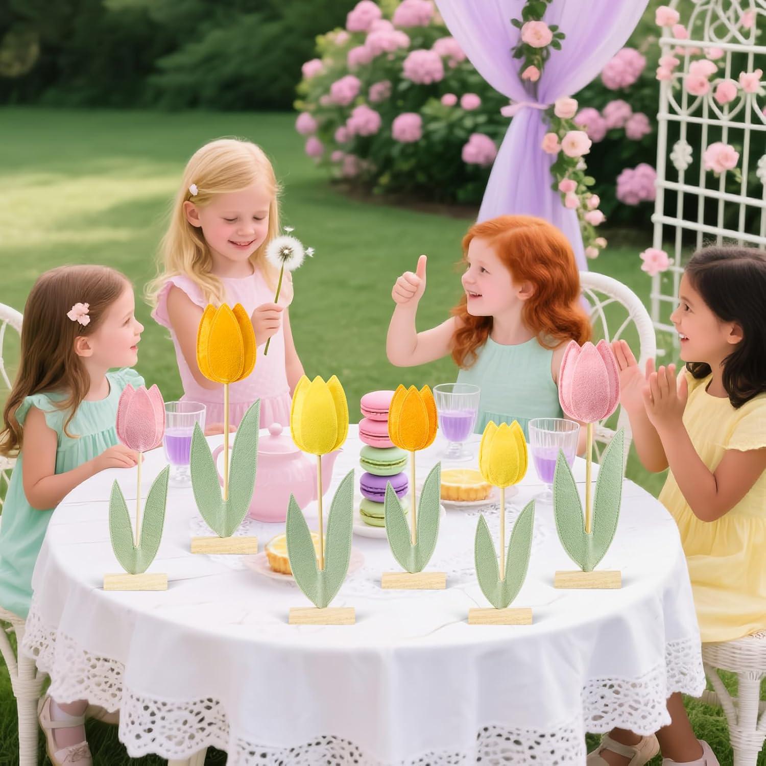 image:imageSUNBEAUTY 6Pcs Spring Tulips Flower Table Decoration Retro Tulip Felt Centerpiece Pink Yellow Orange Tulips Floral Tabletop Signs for Home Mothers Day Easter Garden Birthday Baby Shower Party DecorPink orange yellow Tulip