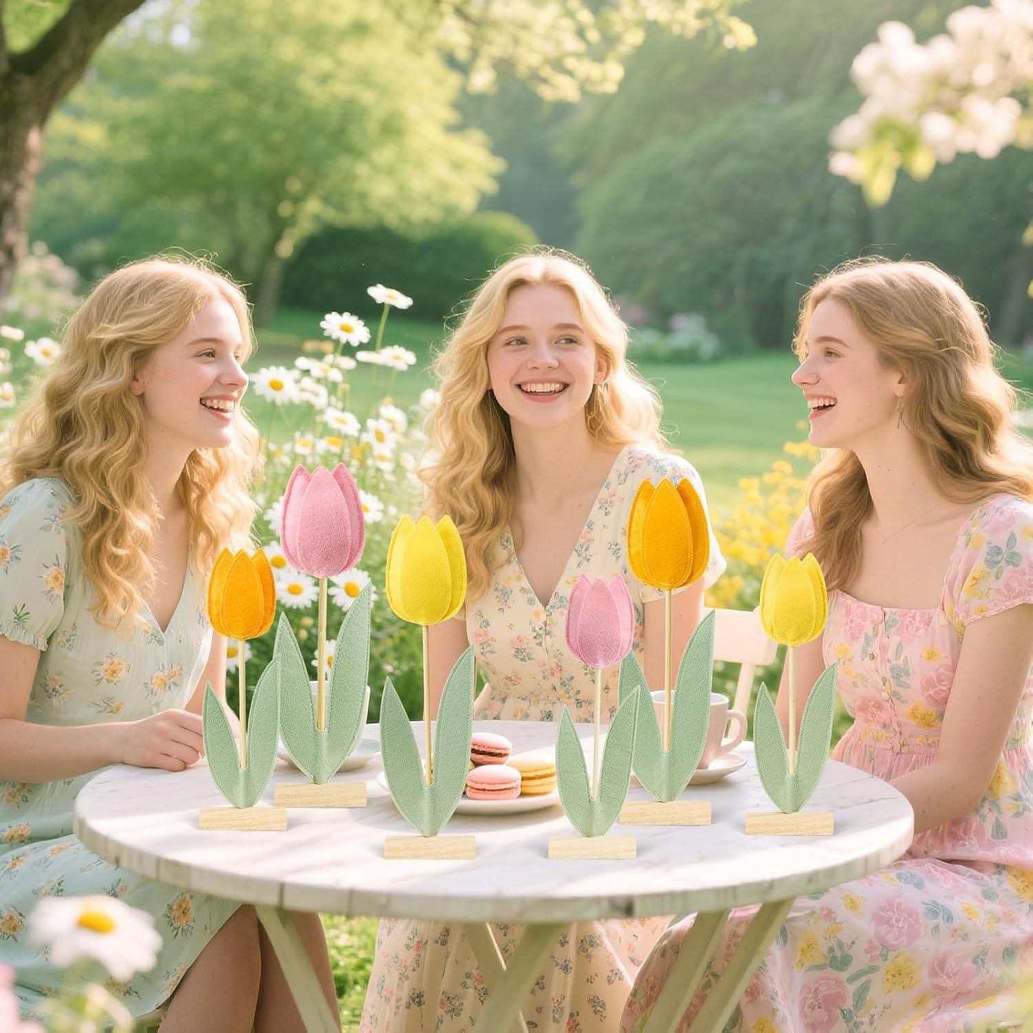 image:imageSUNBEAUTY 6Pcs Spring Tulips Flower Table Decoration Retro Tulip Felt Centerpiece Pink Yellow Orange Tulips Floral Tabletop Signs for Home Mothers Day Easter Garden Birthday Baby Shower Party DecorPink orange yellow Tulip