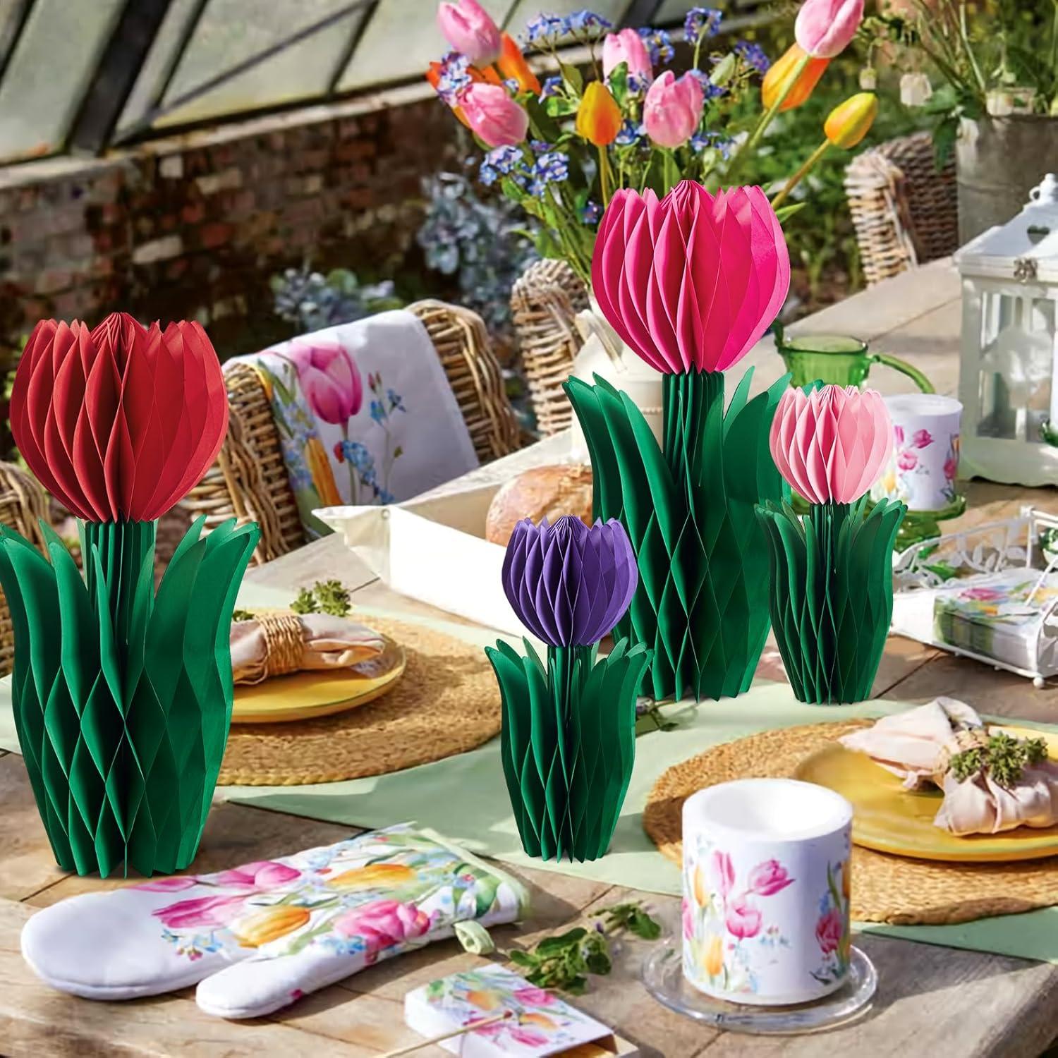 image:imageSUNBEAUTY 8 PCS Flower Honeycomb Decor Tulips Table Centerpieces Spring Decoration for Home Office Paper Flower Tulip Honeycomb Decor for Garden Party Mothers Day DecorationRed Pink Purple