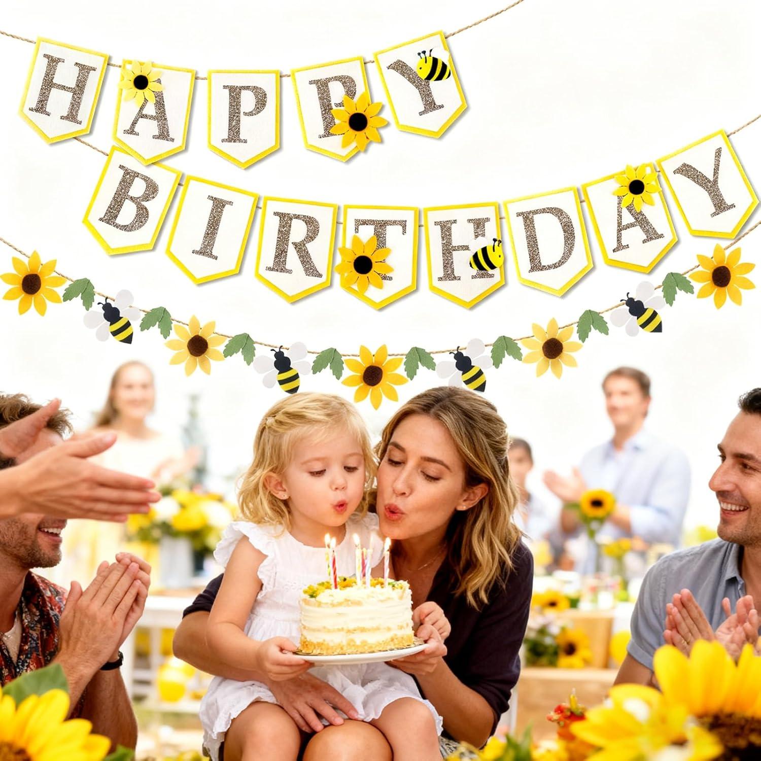 image:imageSUNBEAUTY Felt Pastel Happy Birthday Banner Daisy Garland Banner Colorful Floral Green Leaves Garland Daisy Party Decorations for Women Girls Boho Birthday Baby Shower Spring Summer Garden 82ftYellowSunflower Bee