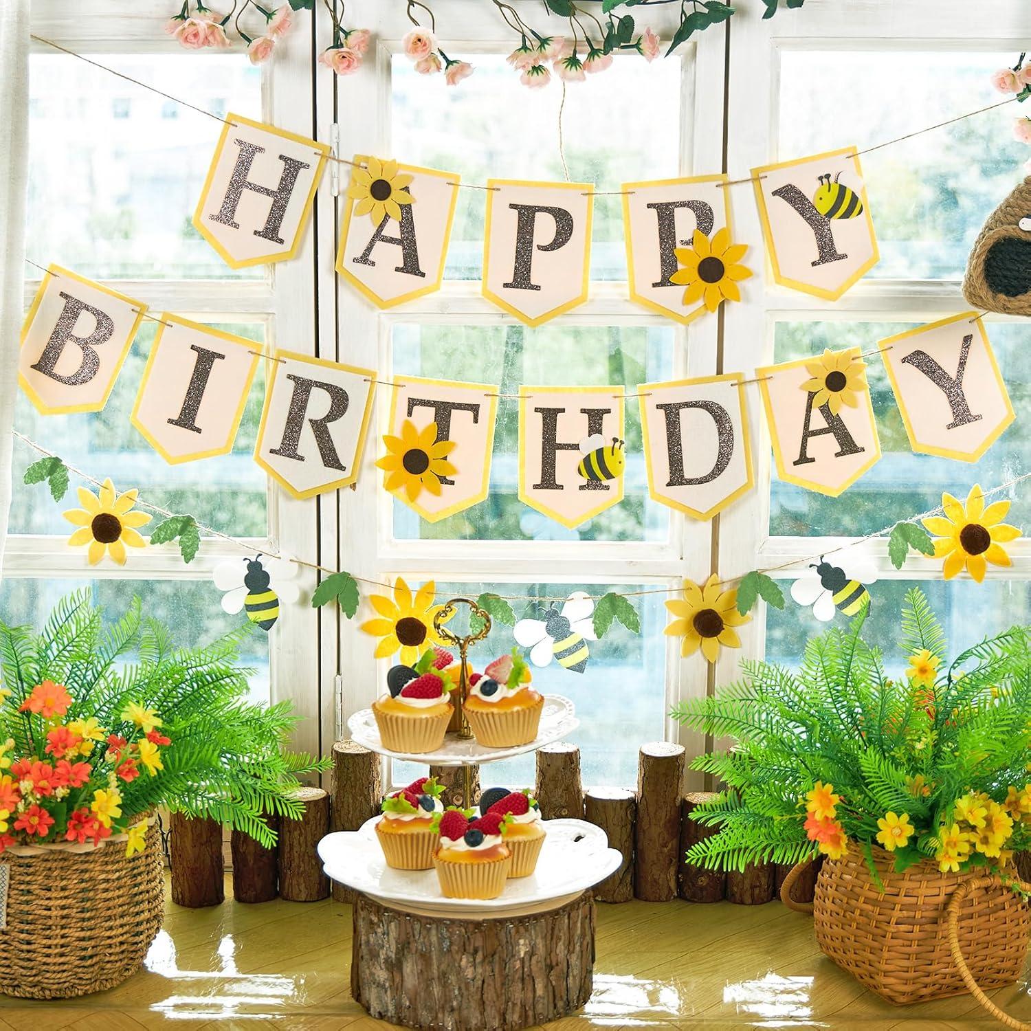 image:imageSUNBEAUTY Felt Pastel Happy Birthday Banner Daisy Garland Banner Colorful Floral Green Leaves Garland Daisy Party Decorations for Women Girls Boho Birthday Baby Shower Spring Summer Garden 82ftYellowSunflower Bee