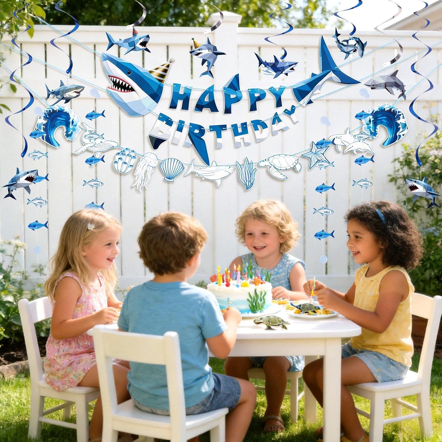 image:imageSUNBEAUTY Shark Birthday Party Decorations Shark Birthday Banner Ocean Theme Party Decoration Under The Sea Shark Garland Blue Ocean Swirls Hanging Wall Decor for Boys Baby Shower Beach Summer PartyBlue White Shark