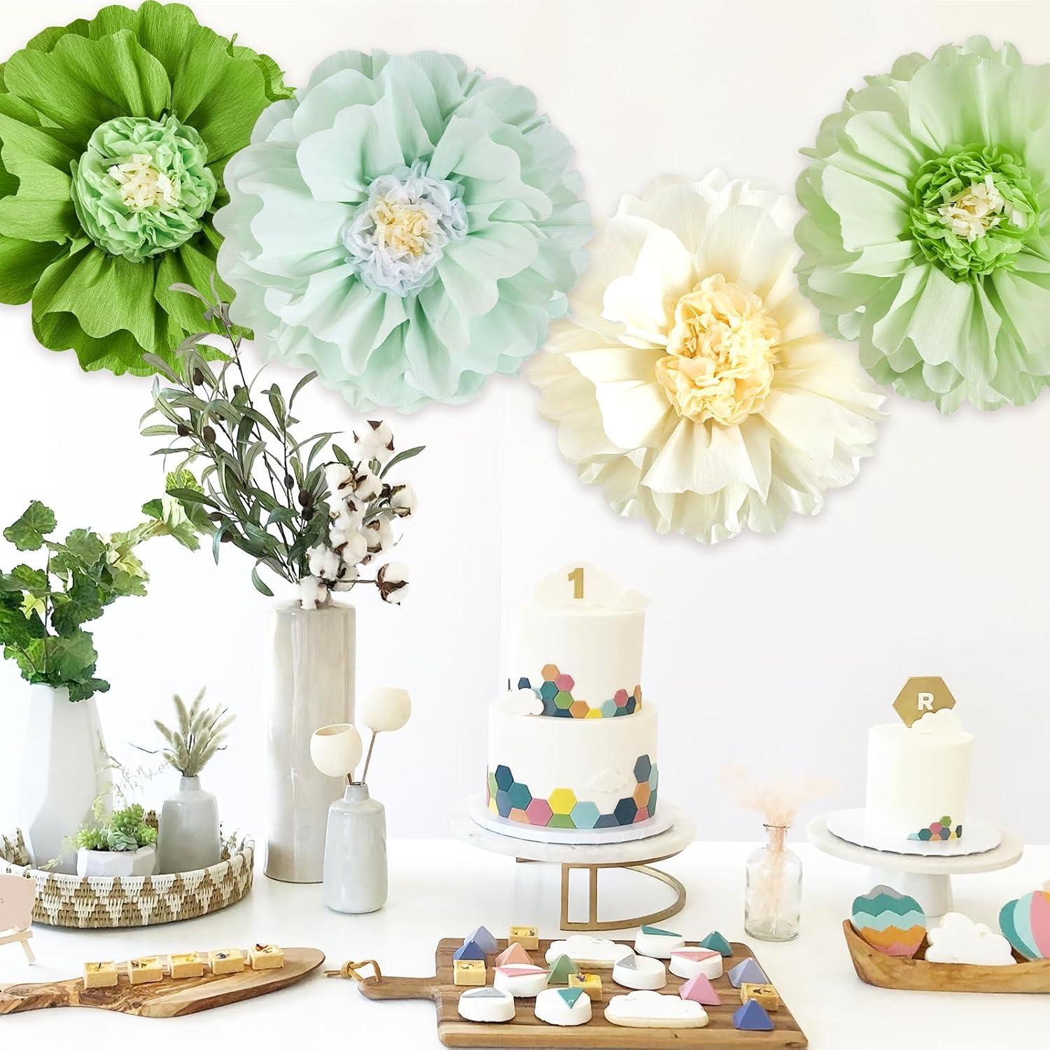 image:imageSUNBEAUTY Sunflower Tissue Paper Flowers Giant Paper Flowers Decoration for Wall 19 Large Yellow Floral Tissue Pom Poms Hanging for Wedding Bridal Shower Birthday Classroom Bulletin Board DecorGreen Flower4pcs