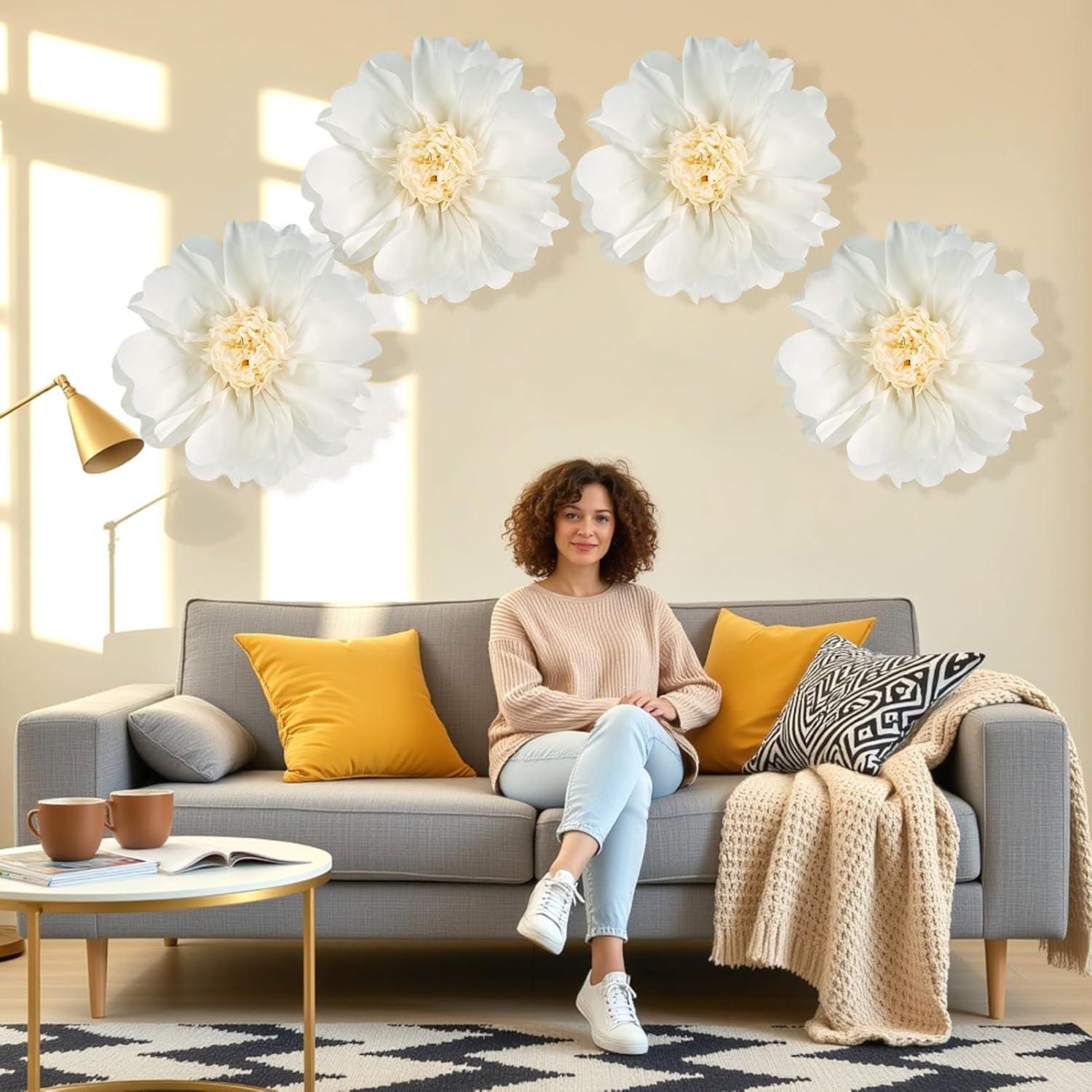 image:imageSUNBEAUTY Sunflower Tissue Paper Flowers Giant Paper Flowers Decoration for Wall 19 Large Yellow Floral Tissue Pom Poms Hanging for Wedding Bridal Shower Birthday Classroom Bulletin Board DecorWhite