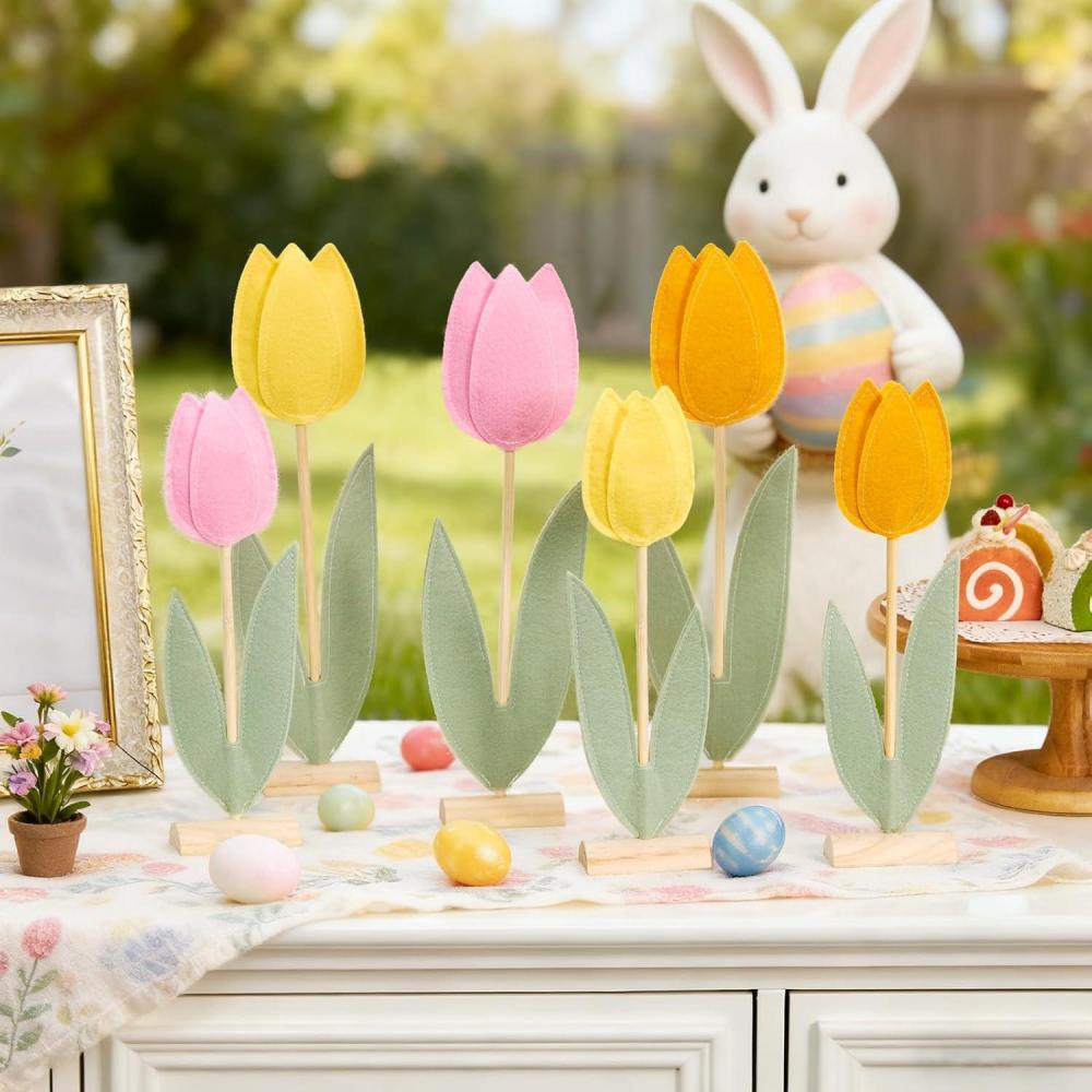 image:imageSUNBEAUTY 6Pcs Spring Tulips Flower Table Decoration Retro Tulip Felt Centerpiece Pink Yellow Orange Tulips Floral Tabletop Signs for Home Mothers Day Easter Garden Birthday Baby Shower Party DecorPink orange yellow Tulip