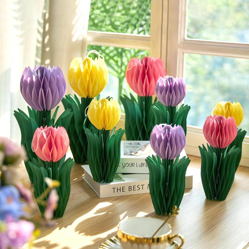 image:imageSUNBEAUTY 8 PCS Flower Honeycomb Decor Tulips Table Centerpieces Spring Decoration for Home Office Paper Flower Tulip Honeycomb Decor for Garden Party Mothers Day DecorationPink purple yellow