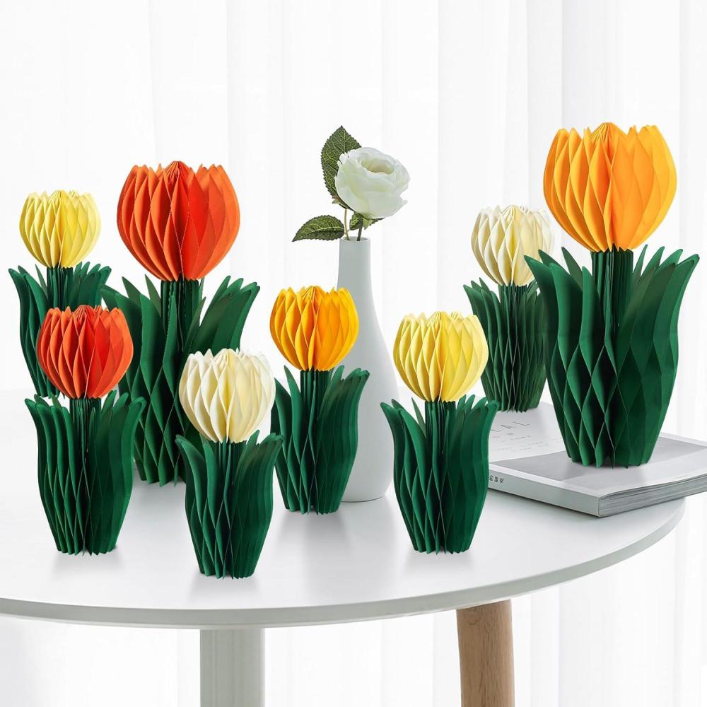 image:imageSUNBEAUTY 8 PCS Flower Honeycomb Decor Tulips Table Centerpieces Spring Decoration for Home Office Paper Flower Tulip Honeycomb Decor for Garden Party Mothers Day DecorationOrange Yellow Cream