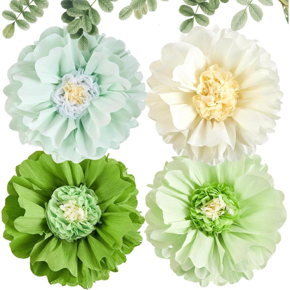 image:imageSUNBEAUTY Sunflower Tissue Paper Flowers Giant Paper Flowers Decoration for Wall 19 Large Yellow Floral Tissue Pom Poms Hanging for Wedding Bridal Shower Birthday Classroom Bulletin Board DecorGreen Flower4pcs