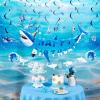 SUNBEAUTY Shark Birthday Party Decorations Shark Birthday Banner Ocean Theme Party Decoration Under The Sea Shark Garland Blue Ocean Swirls Hanging Wall Decor for Boys Baby Shower Beach Summer Party(Blue White Shark)