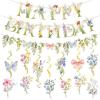 SUNBEAUTY Shark Birthday Party Decorations Shark Birthday Banner Ocean Theme Party Decoration Under The Sea Shark Garland Blue Ocean Swirls Hanging Wall Decor for Boys Baby Shower Beach Summer Party(Wildflower-butterfly-leaf)