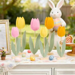 SUNBEAUTY 6Pcs Spring Tulips Flower Table Decoration Retro Tulip Felt Centerpiece Pink Yellow Orange Tulips Floral Tabletop Signs for Home Mothers Day Easter Garden Birthday Baby Shower Party Decor(Pink orange yellow Tulip)