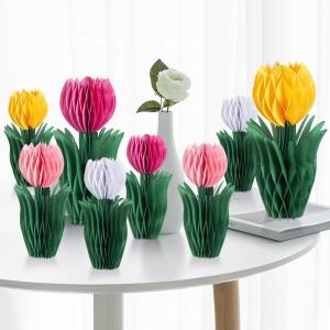 SUNBEAUTY 8 PCS Flower Honeycomb Decor Tulips Table Centerpieces Spring Decoration for Home Office Paper Flower Tulip Honeycomb Decor for Garden Party, Mother’s Day Decoration(Hot Pink Orange)