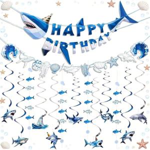 SUNBEAUTY Shark Birthday Party Decorations Shark Birthday Banner Ocean Theme Party Decoration Under The Sea Shark Garland Blue Ocean Swirls Hanging Wall Decor for Boys Baby Shower Beach Summer Party(Blue White Shark)