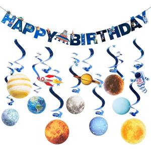 SUNBEAUTY Shark Birthday Party Decorations Shark Birthday Banner Ocean Theme Party Decoration Under The Sea Shark Garland Blue Ocean Swirls Hanging Wall Decor for Boys Baby Shower Beach Summer Party(Blue-solar System)