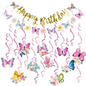 SUNBEAUTY Shark Birthday Party Decorations Shark Birthday Banner Ocean Theme Party Decoration Under The Sea Shark Garland Blue Ocean Swirls Hanging Wall Decor for Boys Baby Shower Beach Summer Party(Butterfly)