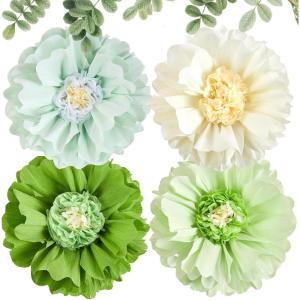 SUNBEAUTY Sunflower Tissue Paper Flowers Giant Paper Flowers Decoration for Wall 19” Large Yellow Floral Tissue Pom Poms Hanging for Wedding Bridal Shower Birthday Classroom Bulletin Board Decor(Green Flower-4pcs)