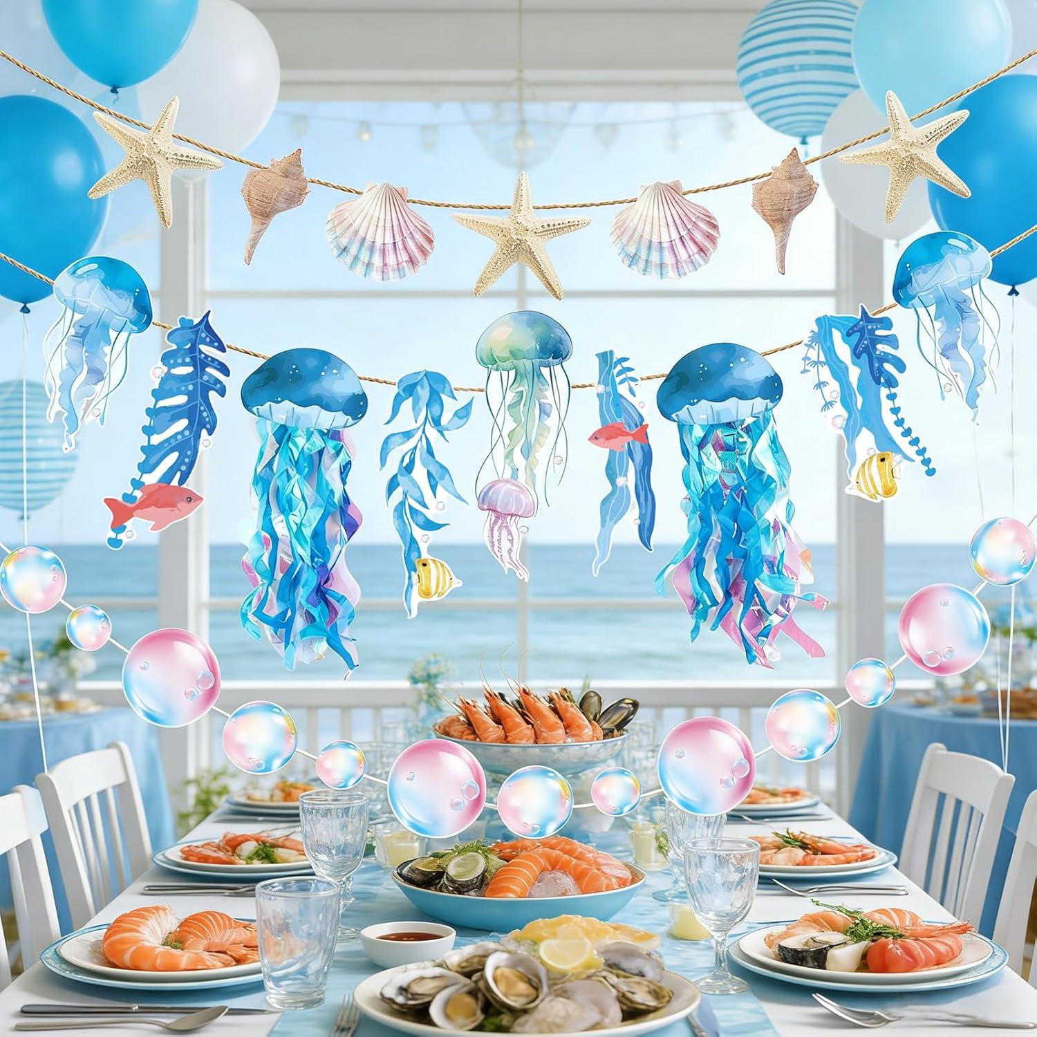 image:imageSUNBEAUTY Starfish Seashell Banner Ocean Theme Party Decoration Jellyfish Hanging Garland 98ft Blue Bubble Garlands for Under The Sea Beach Theme Birthday Decor Mermaid Summer Party DecorBlue Ocean Garland