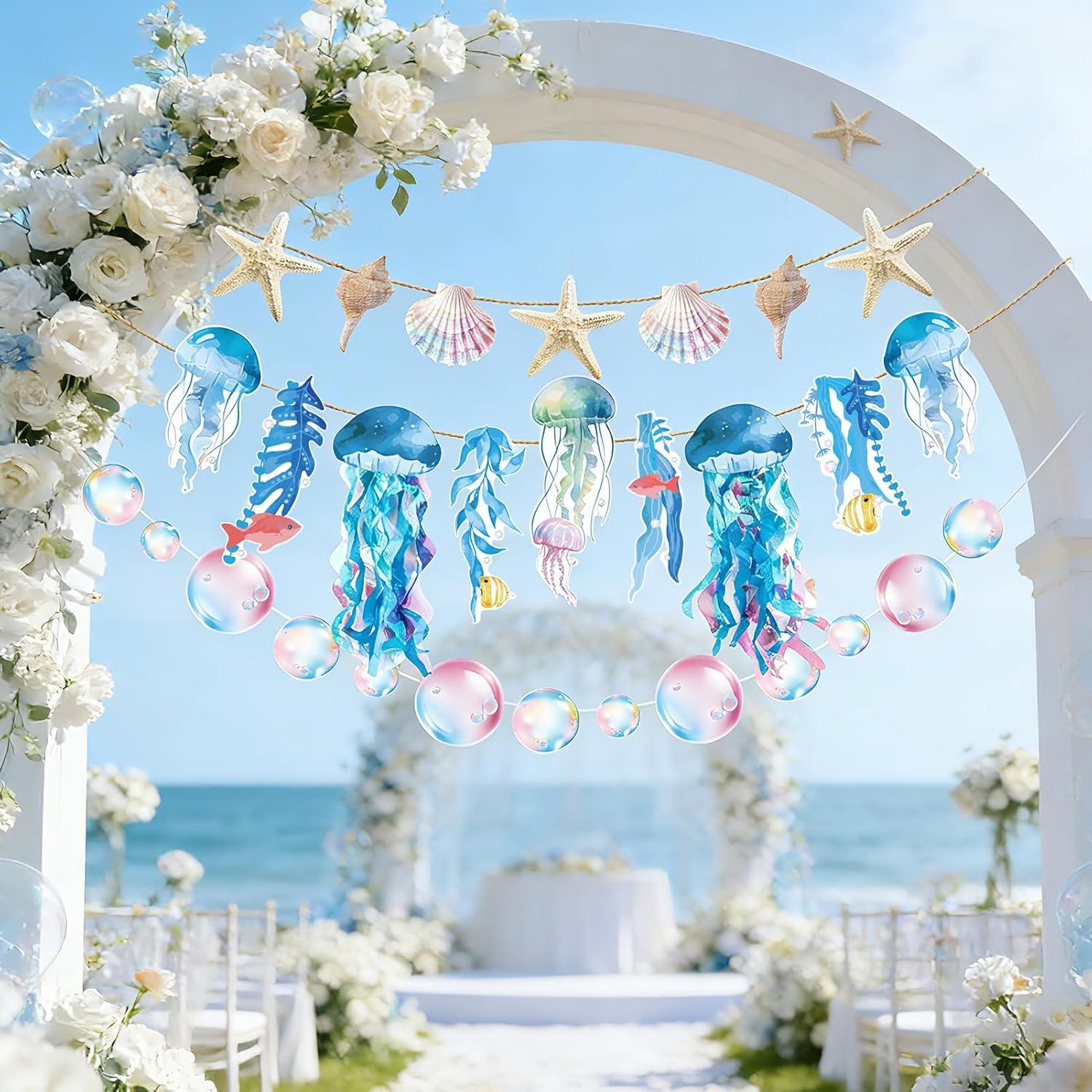 image:imageSUNBEAUTY Starfish Seashell Banner Ocean Theme Party Decoration Jellyfish Hanging Garland 98ft Blue Bubble Garlands for Under The Sea Beach Theme Birthday Decor Mermaid Summer Party DecorBlue Ocean Garland
